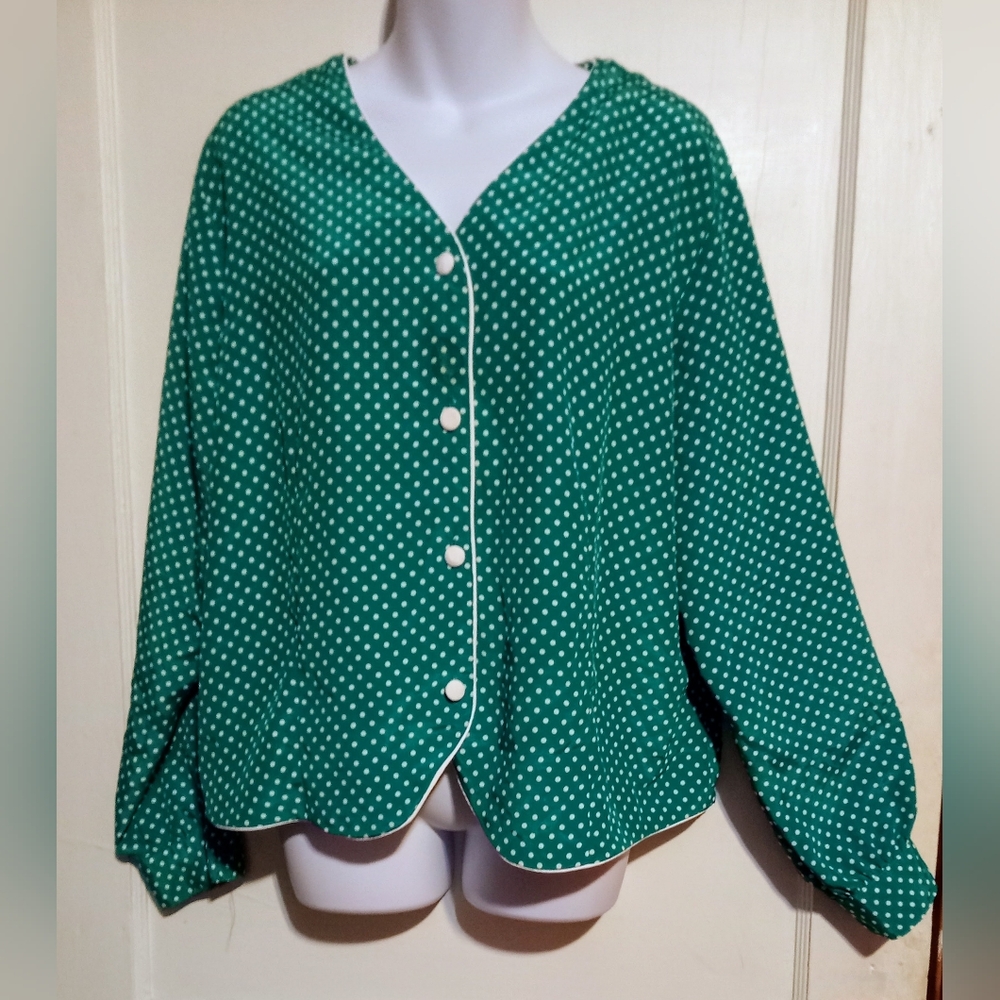 Notations Ladies Green Polkadot Boxy Buttoned Blouse Sz XL
